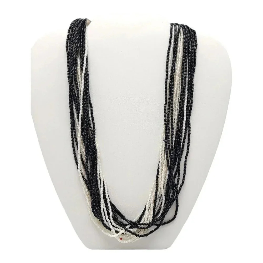 Silver Tone Black Off White Glass Seed Bead Multi-Strand Necklace Vintage